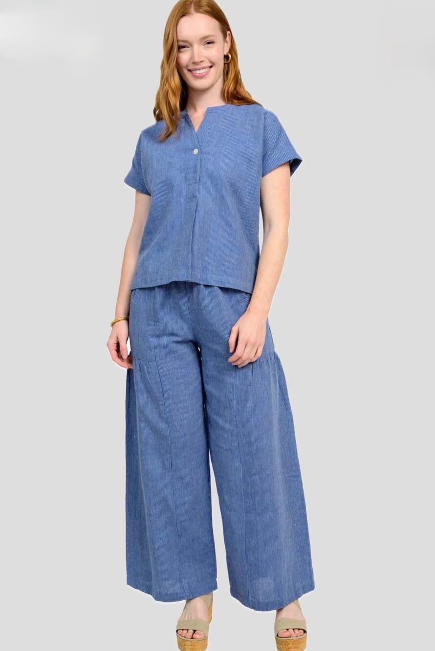 Ivy Jane 2 Piece Wide Leg Pant Set Women's XL Blue Mini Stripe Relaxed Linen